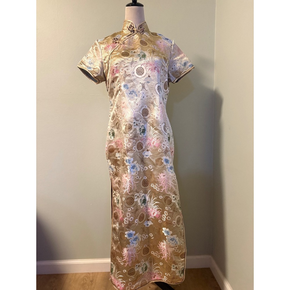 YISIFUSHI Gold Floral Mandarin Collar Cheongsam Maxi Dress L party costume Y2K‎